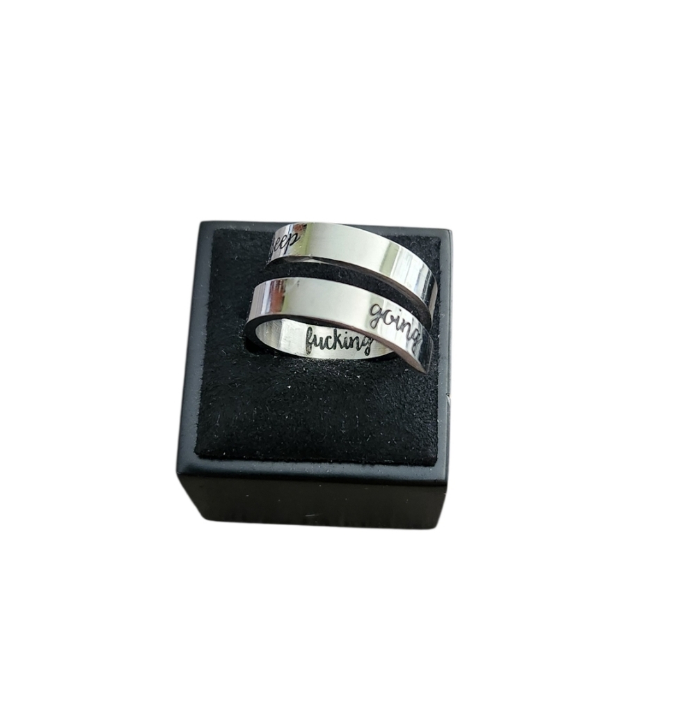 Size 7.5 Inspirational Silver Toned Wrap Ring with Engraved Message Keep F Going